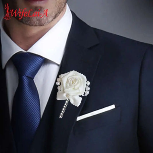European Wedding Boutonniere: Groom & Groomsmen Lapel Pin with Silk Ribbon Flower