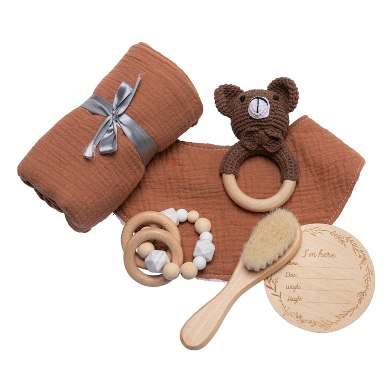 4pcs Baby Bath Set: Cotton Blanket, Milestones, Brush & Rattle Bracelet