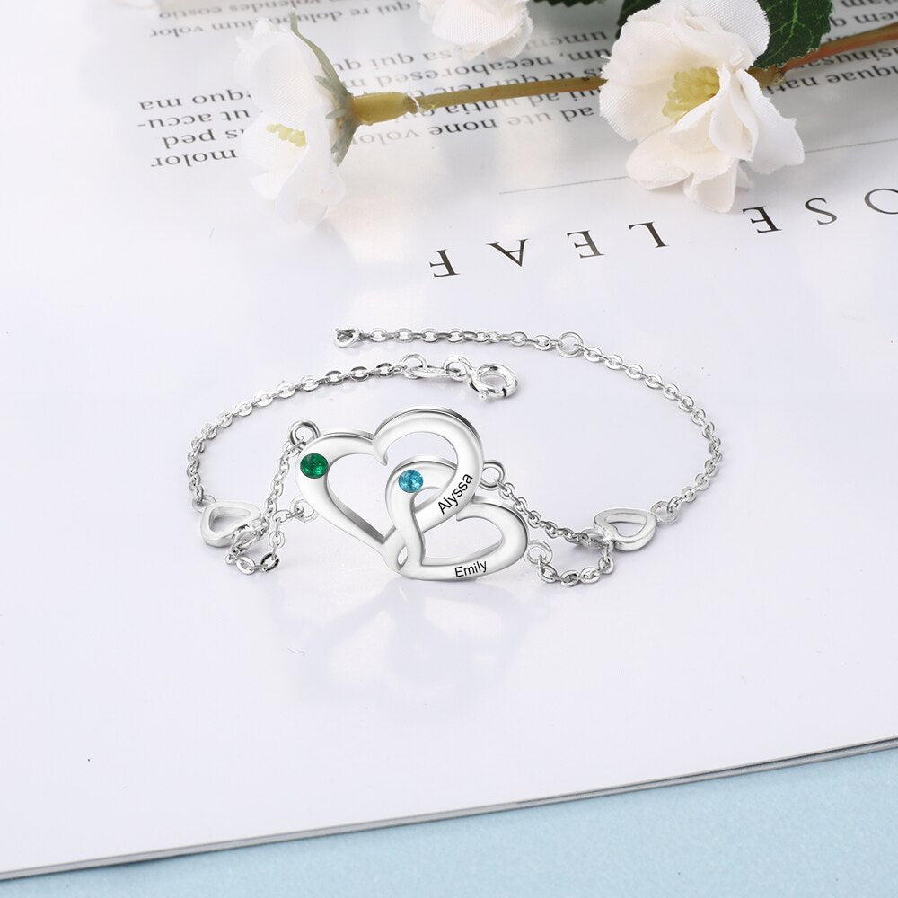 Personalized Intertwined Heart Bracelet - Birthstone, Engraved Name, Custom Lovers' Gift.