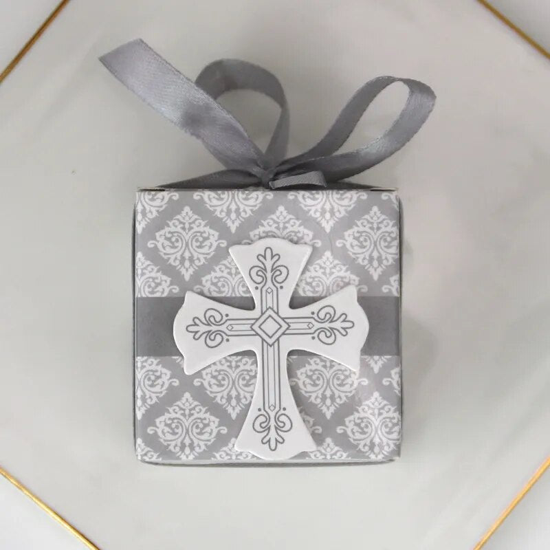 first Communion cross candy box Christening baby shower wedding party bomboniere wrap holders with ribbons