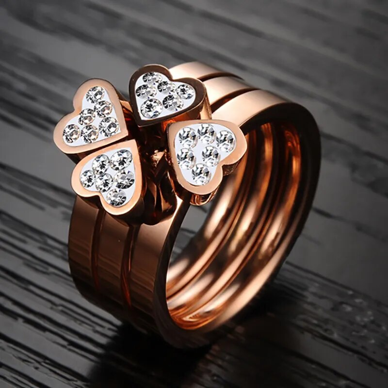 Three Ring Set: High-Quality Stainless Steel, Three Colors, Crystal Clover with Crystals