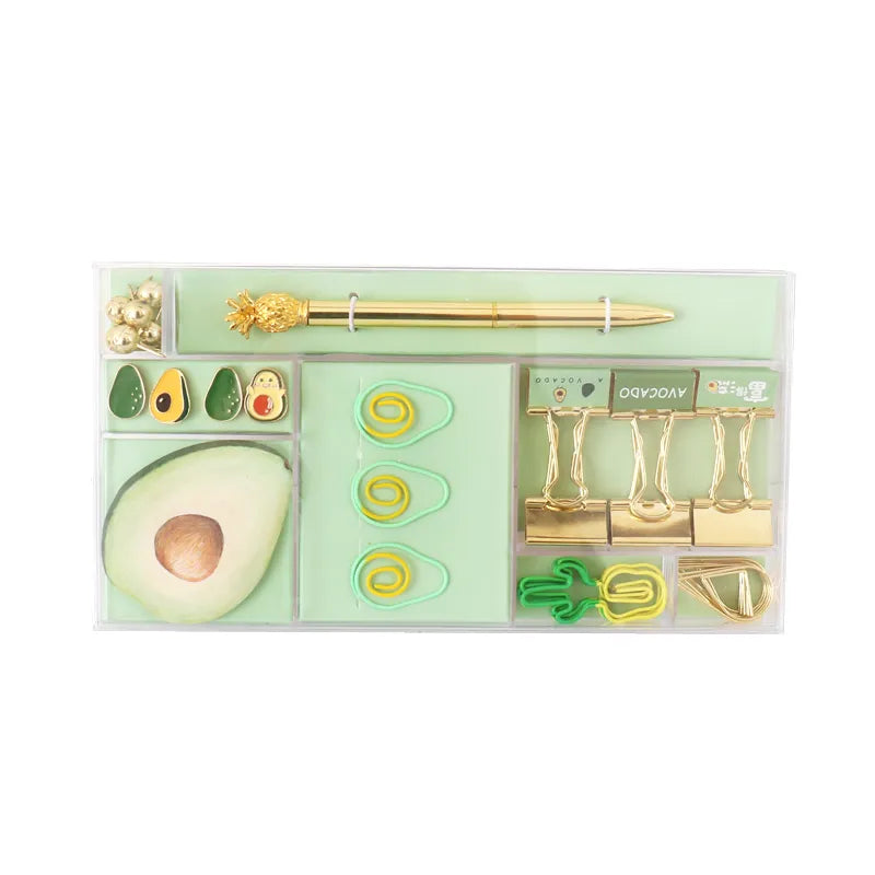 Avocado Fruit Stationery Set - Gift Pack with Paper Clips, Binder Clip, and Pen.