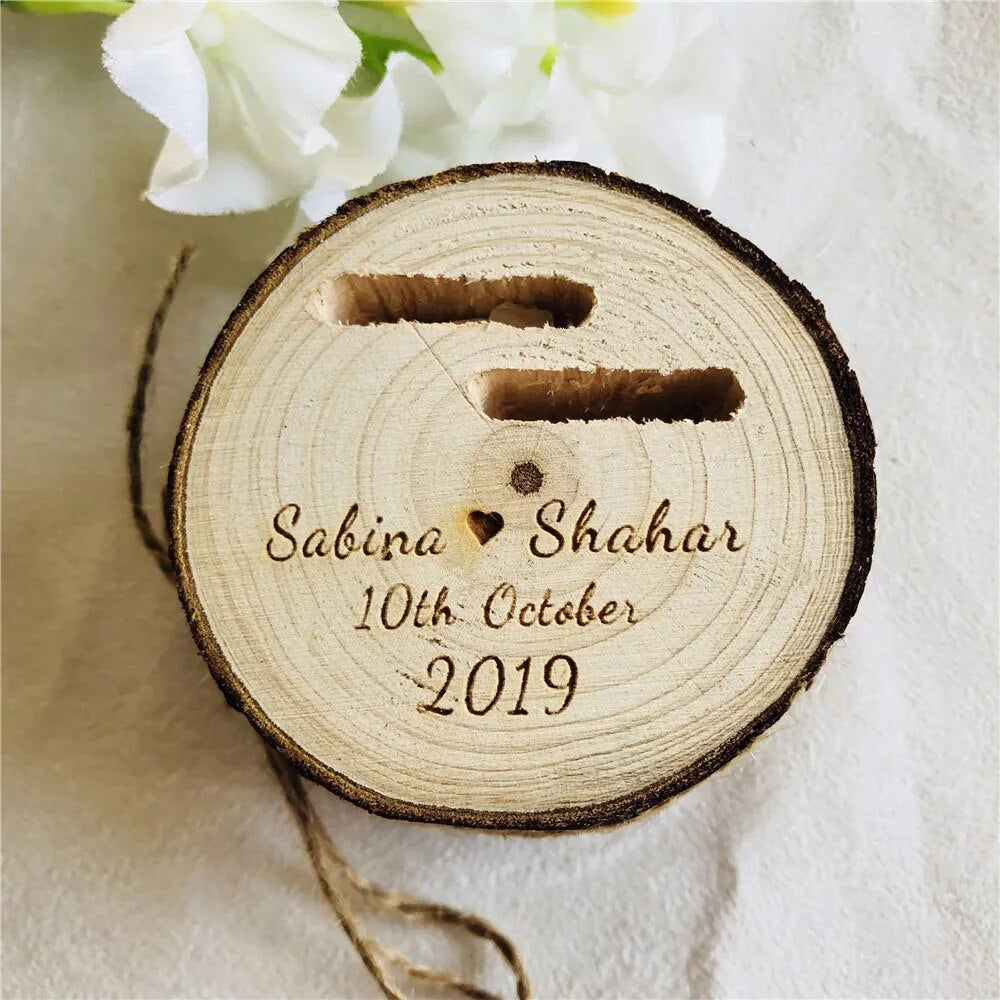 Personalized Wooden Ring Box: Bride & Groom Engagement, Rustic Ring Holder Gift.