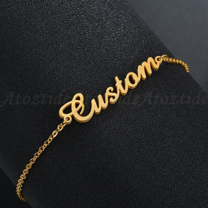 Atoztide Personalized Custom Name Bracelet For Women Stainless Steel Charms Handmade Engraved Handwriting Love Bangle Gift