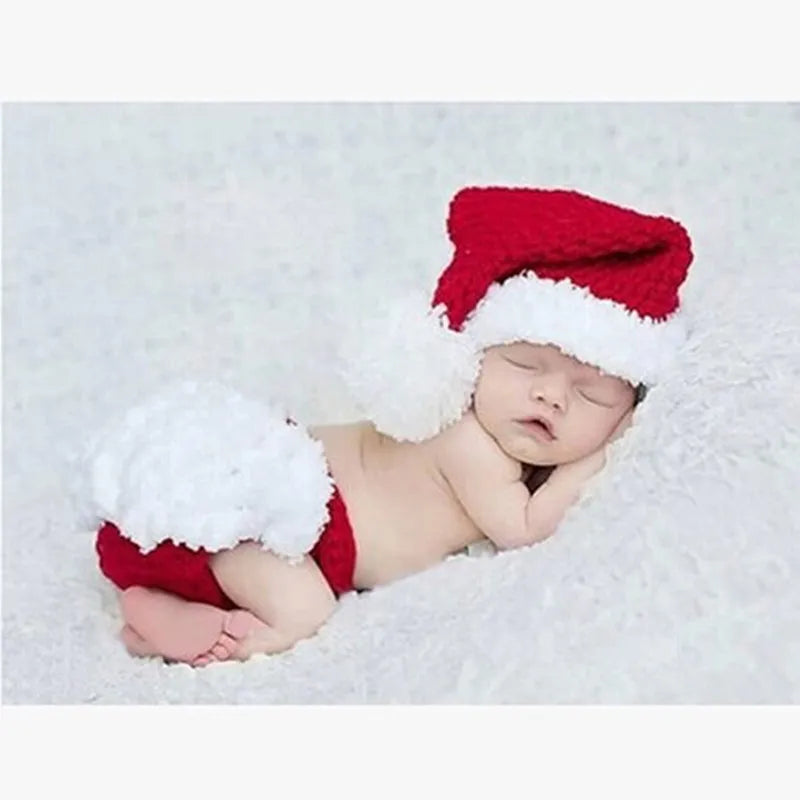 Newborn Christmas Set: Handmade Knit Hat & Shorts, Baby Photography Crochet Props.