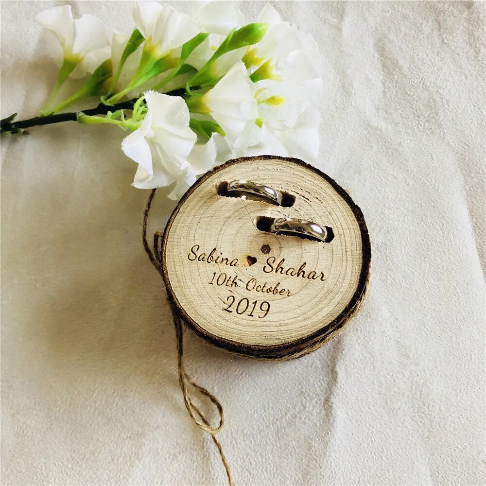 Personalized Wooden Ring Box: Bride & Groom Engagement, Rustic Ring Holder Gift.