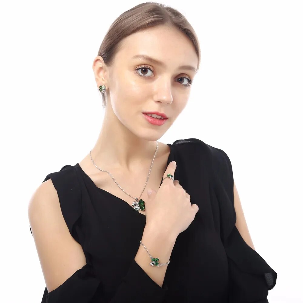 Crystal Clover Jewelry Set: Wedding 4-Leaf Heart Pendant, Necklace, Earrings, Bracelet & Rings.