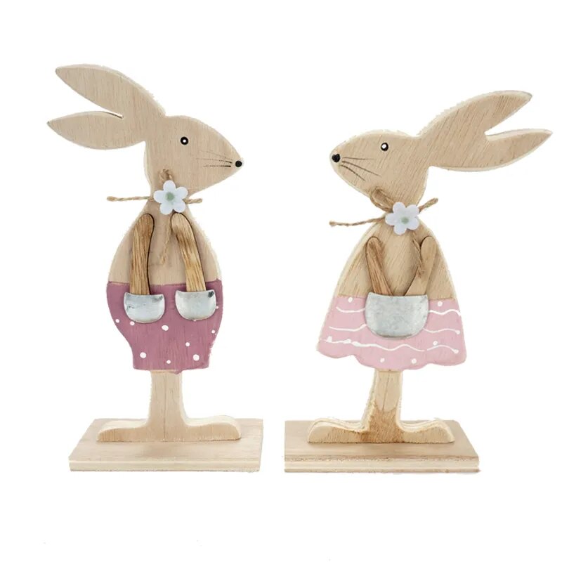 ooden Easter Rabbit Decor: 3 Styles with Ribbon & Egg Stand Zakka Ornament.