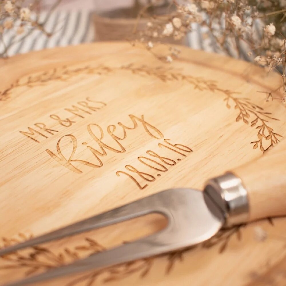 Custom Wood Cheese Board Set: Personalized Wedding & Engagement Gift Cutting Board.