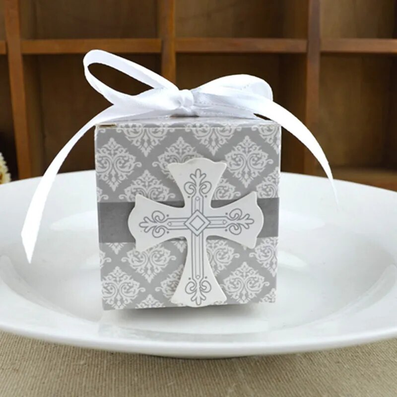 first Communion cross candy box Christening baby shower wedding party bomboniere wrap holders with ribbons