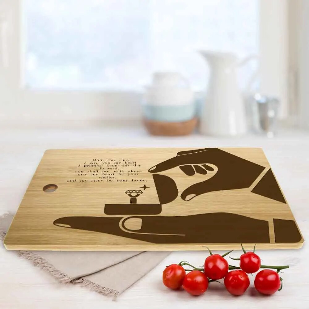 Engagement Ring Engraved Cutting Board - Personalized Kitchen Decor for Wedding Anniversary.