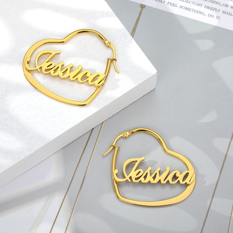 Personalized Name Romantic Heart Hoop Earrings For Women Custom Jewelry Personalized Stainless Steel Nameplate Earrings Gifts