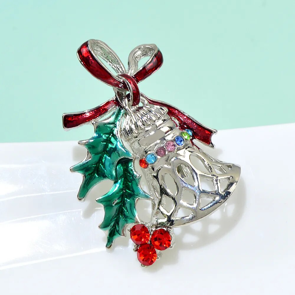 Christmas Bell Brooch: Rhinestone Festive Pin, Green & Red Enamel