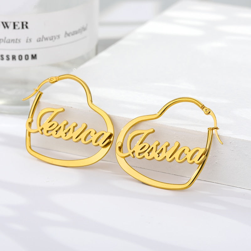 Personalized Name Romantic Heart Hoop Earrings For Women Custom Jewelry Personalized Stainless Steel Nameplate Earrings Gifts