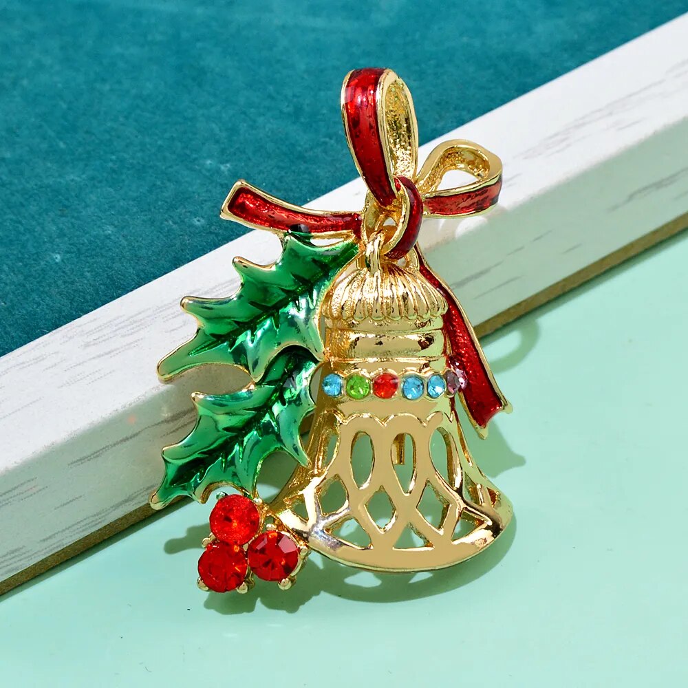 Christmas Bell Brooch: Rhinestone Festive Pin, Green & Red Enamel