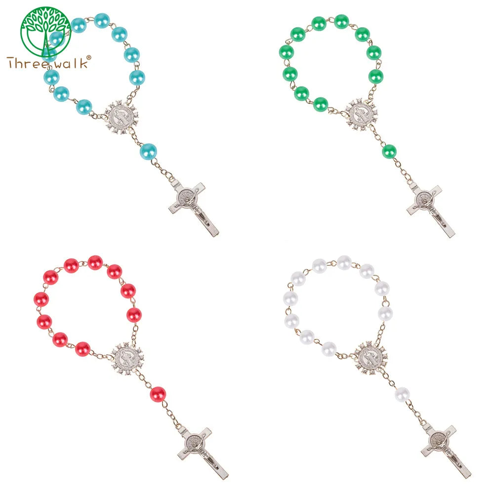 Imitation Pearl Catholic Rosary: Silver Wings Crucifix, Communion Pendant & Cross Bracelet Gift.