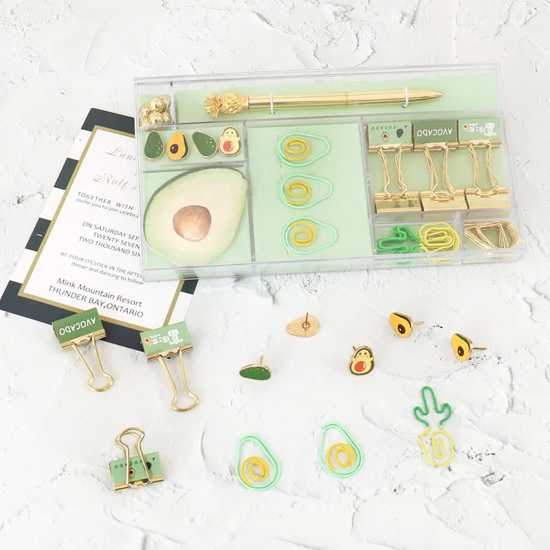 Avocado Fruit Stationery Set - Gift Pack with Paper Clips, Binder Clip, and Pen.