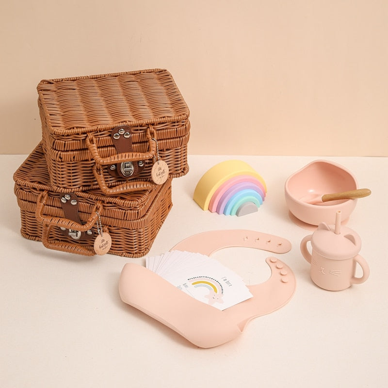 Silicone Baby Feeding Set with Bib & Rainbow Stacker - Birth Box Gift