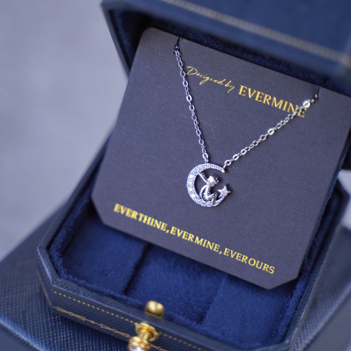 925 Silver Little Prince & Moon Necklace with Zirconia - Inspired by 'The Little Prince'