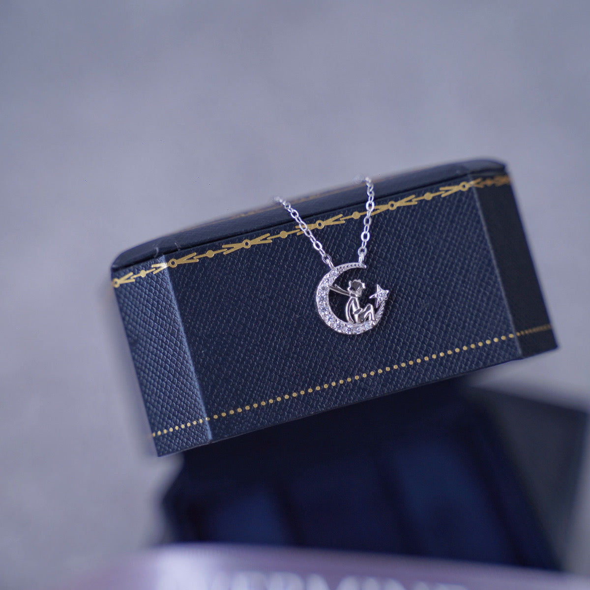 925 Silver Little Prince & Moon Necklace with Zirconia - Inspired by 'The Little Prince'