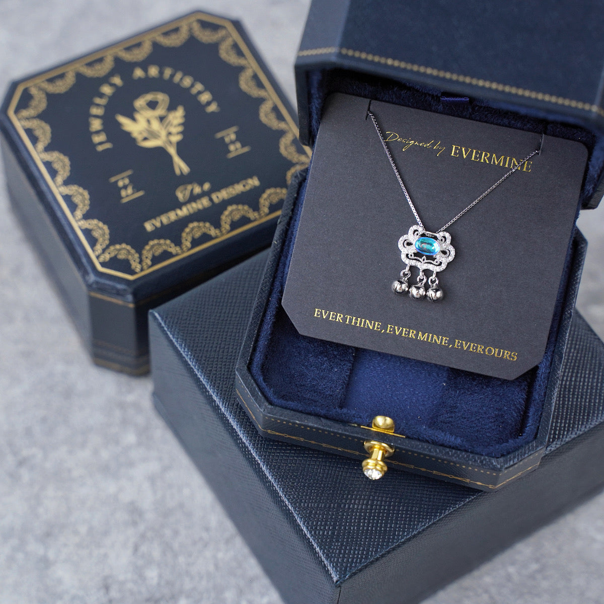 925 Silver Chinese Longevity Lock with Blue Gem & Zirconia - Blessing Necklace