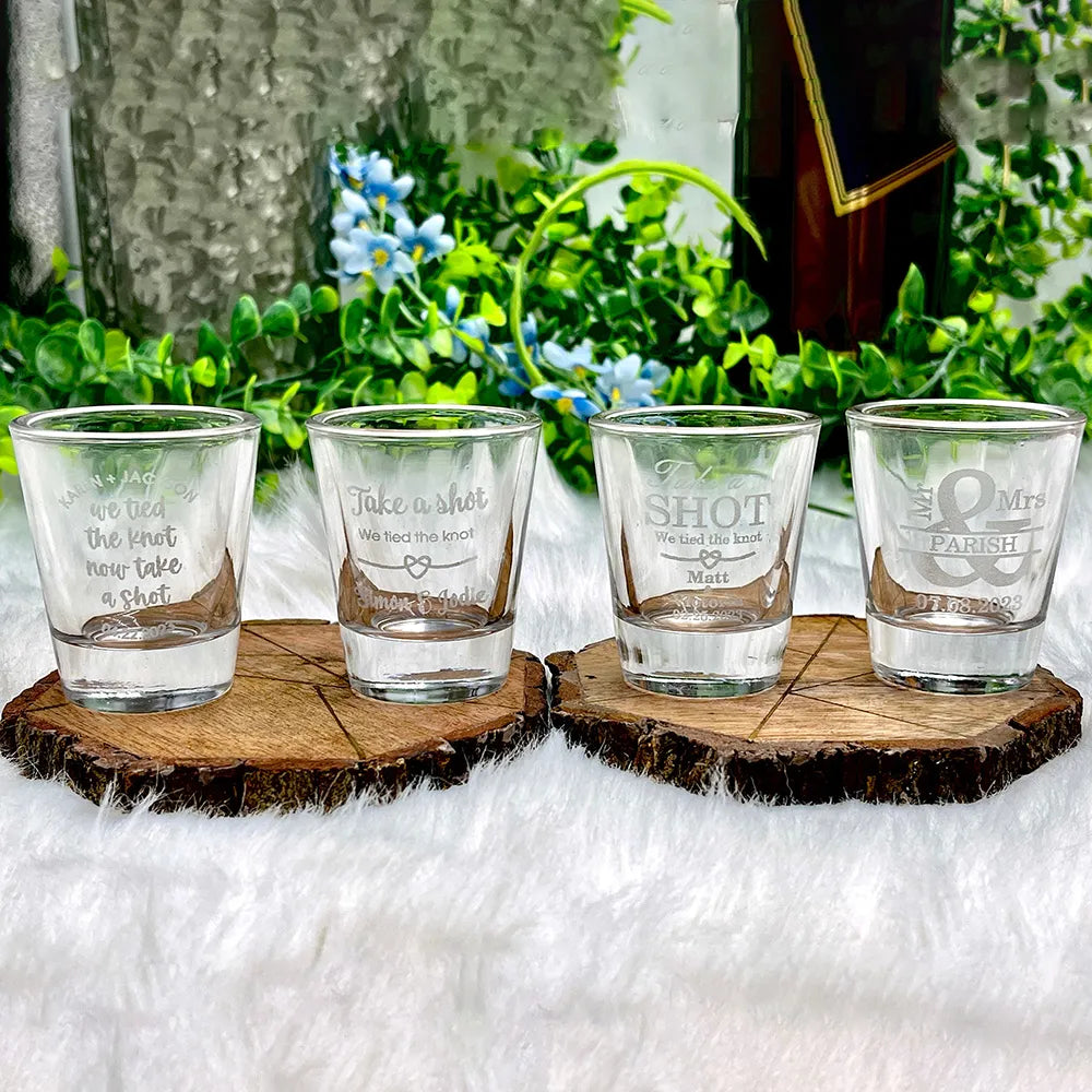 Custom Engraved Shot Glasses: Wedding Favors, Whiskey Monogram, Bachelor & Groom Gifts.
