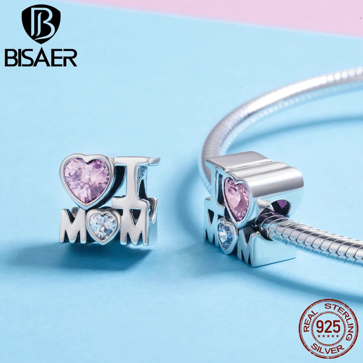 925 Sterling Silver Heart Mom Bead - Platinum Plated Pendant for Mother's Day Bracelet Gift.