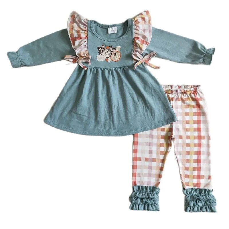 Pumpkin Embroidery Toddler Set - Ruffle Sleeve Cotton Top & Plaid Pants for Thanksgiving.