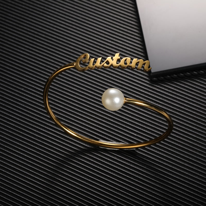 Personalized Round Pearl Name Bangle - Custom Gift