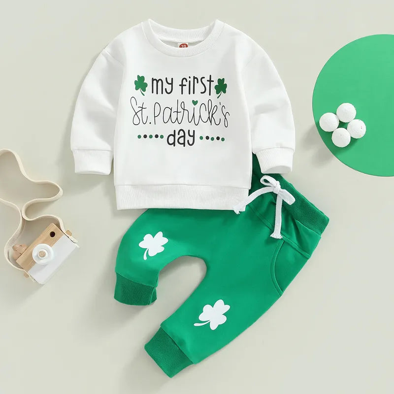 St. Patrick's Day Baby Set: Long Sleeve O-neck Sweatshirt & Green Drawstring Pants,