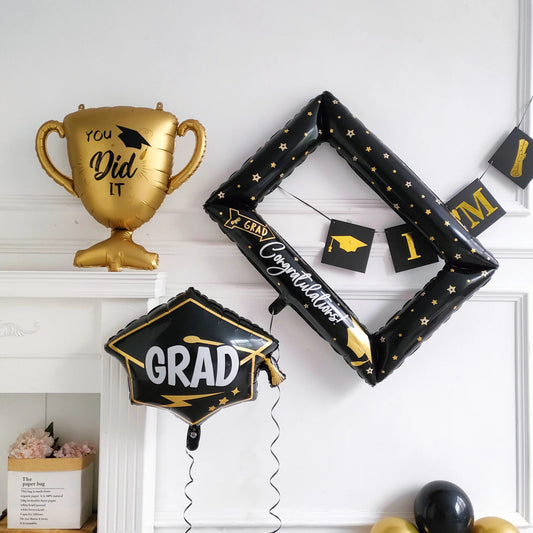 Gold, Silver, Black Graduation Balloons: Congratulation High School Grad Party Decor