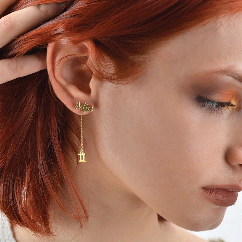Custom Stainless Steel Constellation Name Earrings For Women Girl Birthday Gifts Handmade Zodiac Nameplate Stud Earrings