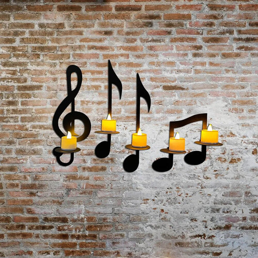 "Metal Music Note Wall Candle Holder" - Black Decorative Home Accent.