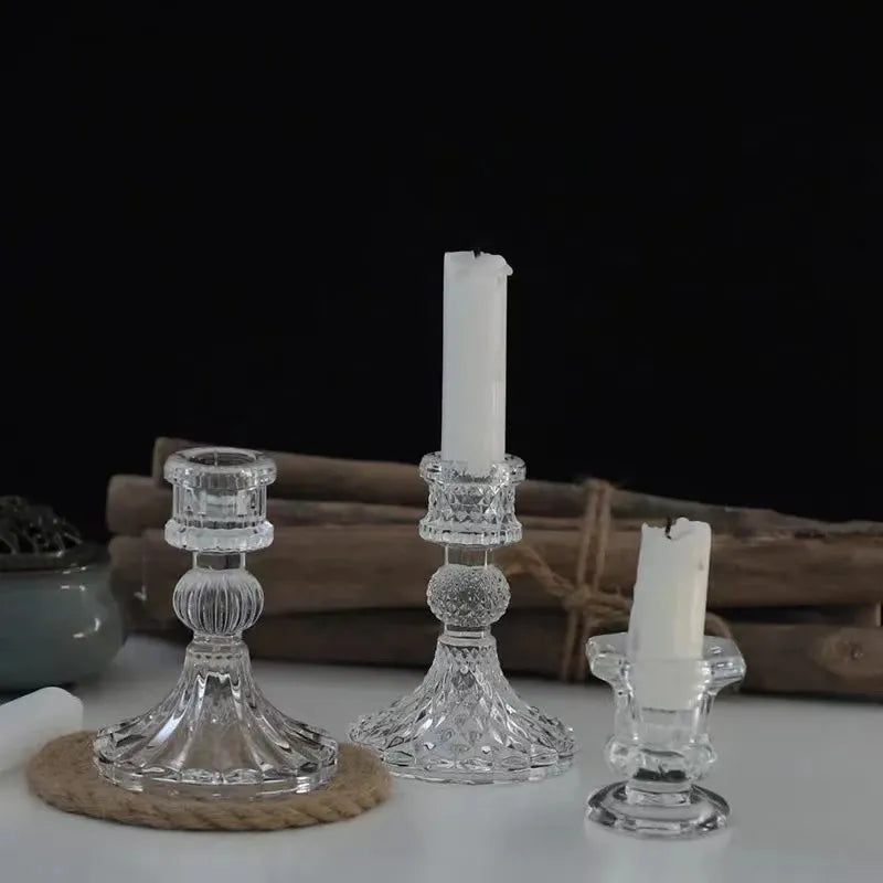 "Clear Glass Candlestick" - Elegant Centerpiece for Weddings & Living Room Decor.