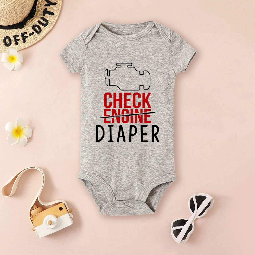 Check Engine Baby Bodysuit - Poopy Diaper Romper, Cute Mechanic, Newborn Boys & Girls Gift.