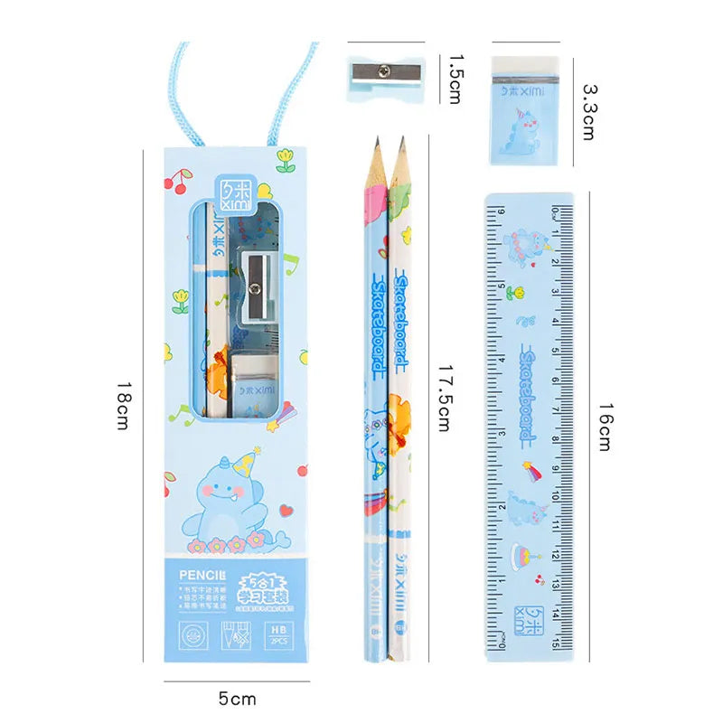 28 Sets Cartoon Pencil Kit - 5 in 1 Kids Stationery: Pencil, Eraser, Sharpener, Ruler