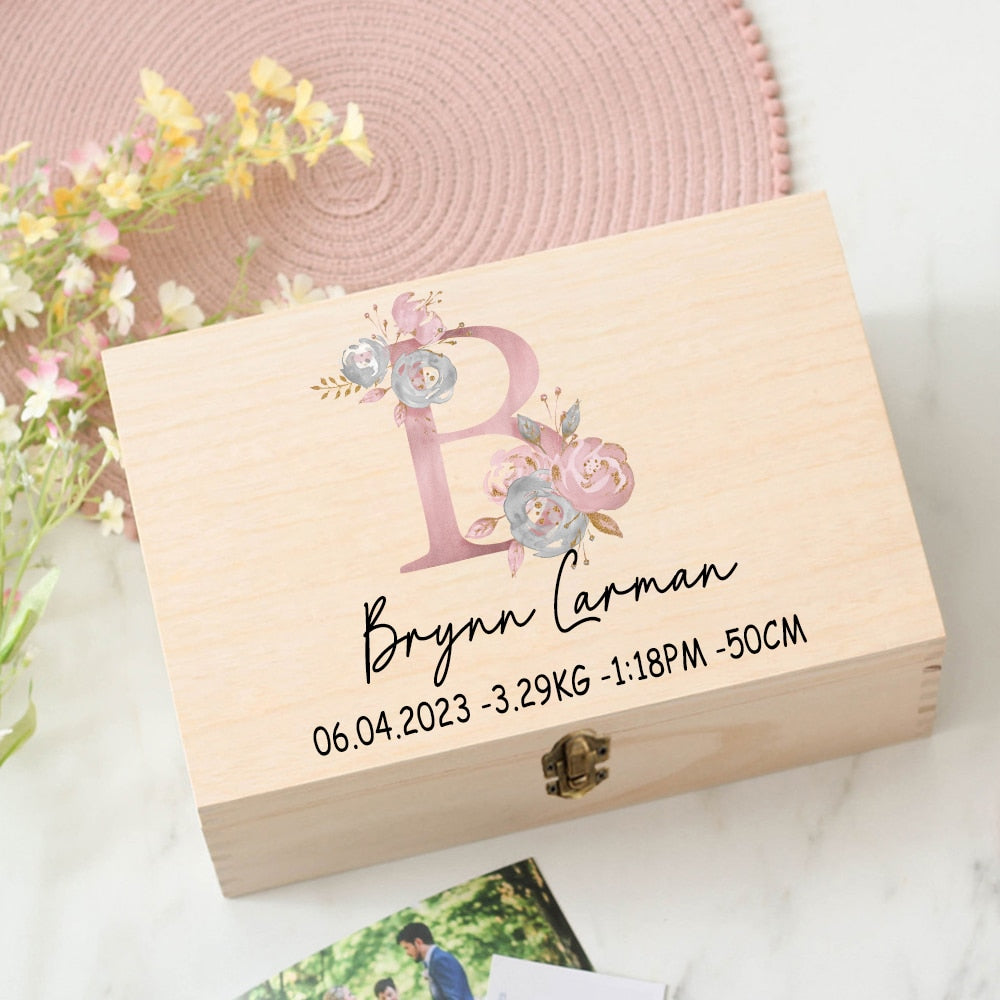 Personalised Flower Letter Keepsake Wooden Box - Custom Baby Memory
