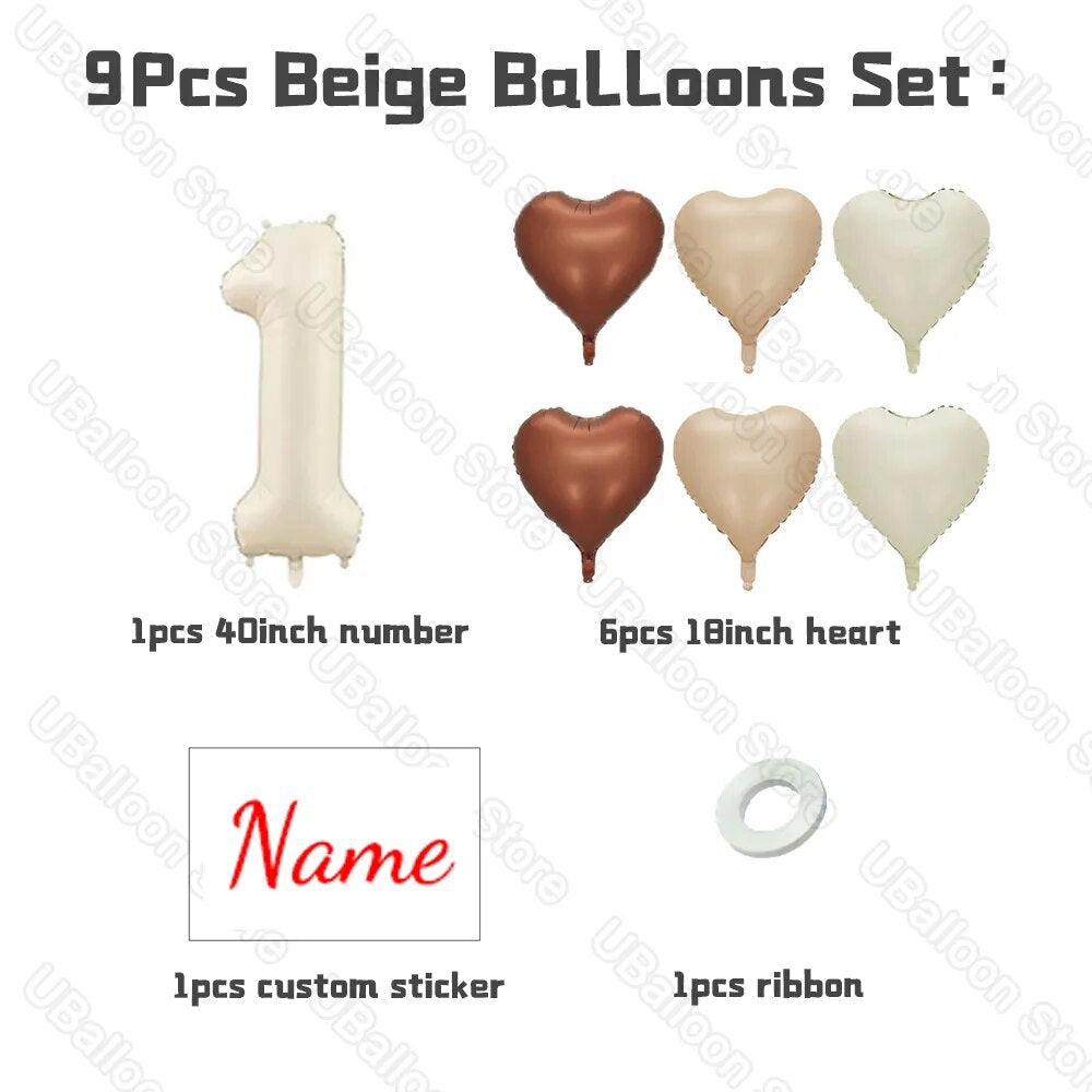Beige Birthday Balloons: Cream, Caramel Number 0-9 with Custom Name Stickers for Party Decor.