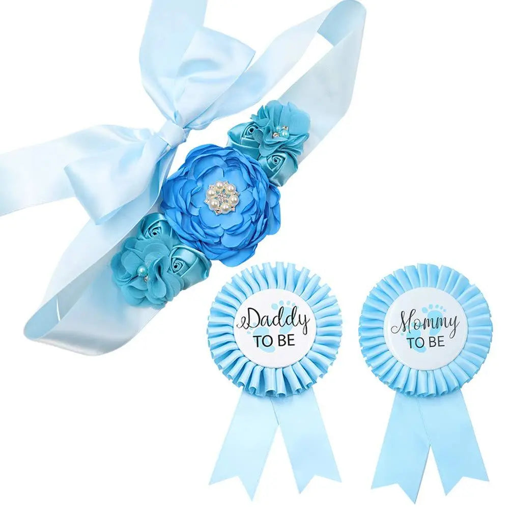 Mummy & Daddy To Be Set: Baby Shower Belt, Badge Corsage for Mom & Dad