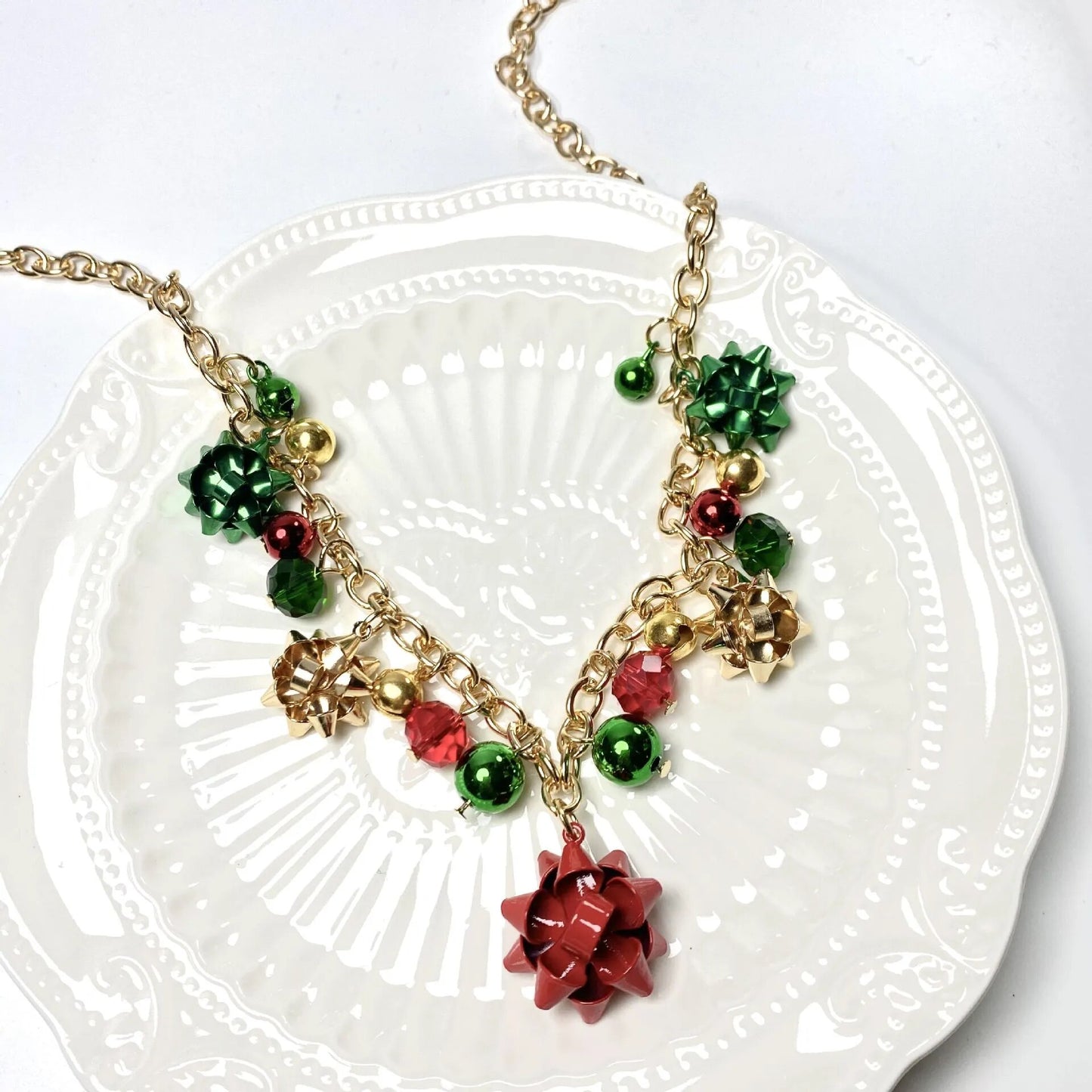 X-Mas Jingle Bell Jewelry Set: Necklace, Bow Pendant, Earrings, Bracelet Gifts