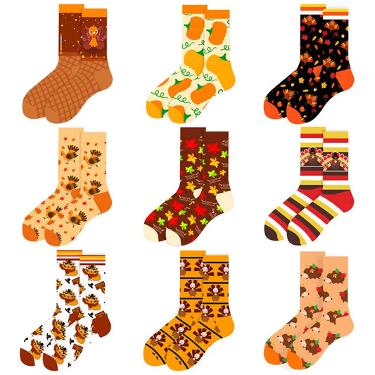 Thanksgiving Turkey & Pumpkin Socks" - Novelty Cotton Long Stockings