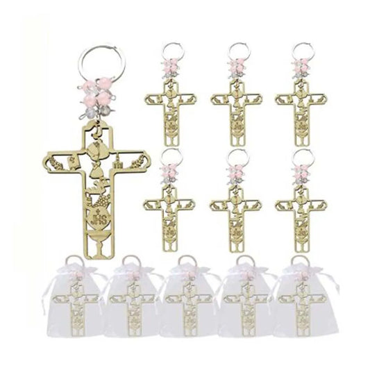12 Pcs Communion Wooden Keychain: Girl Favor with Bags, Guest Gifts.
