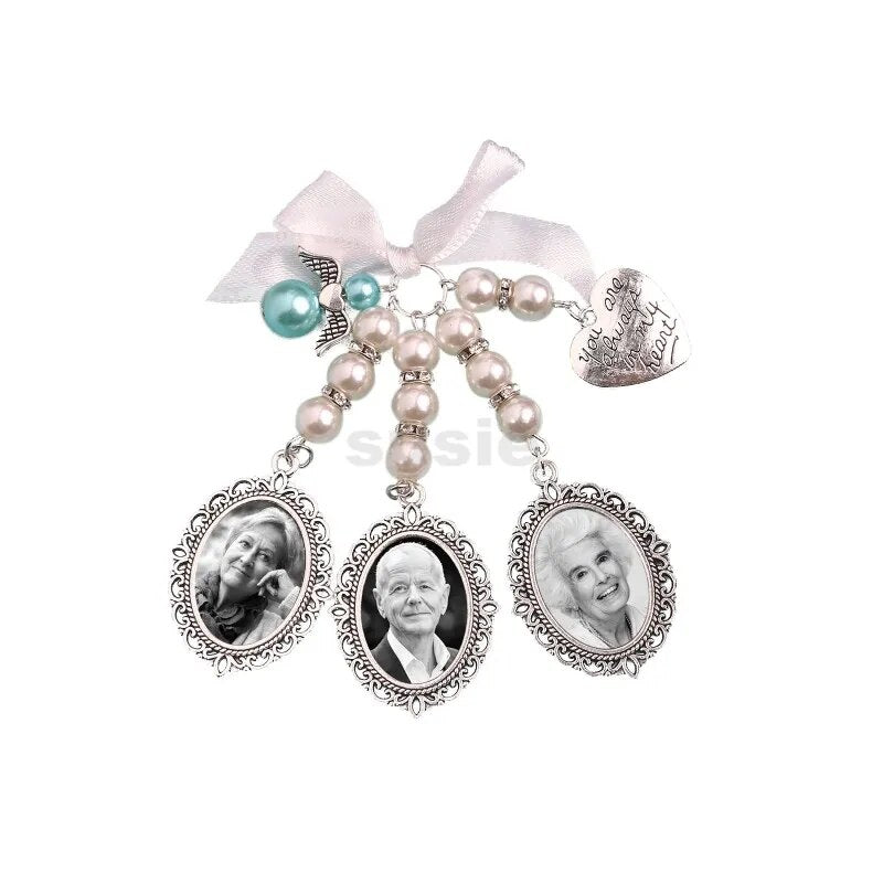 Angel Wing Boutonniere Photo Charm: Wedding Brooch with Oval Frame for Mother or Bouquet.