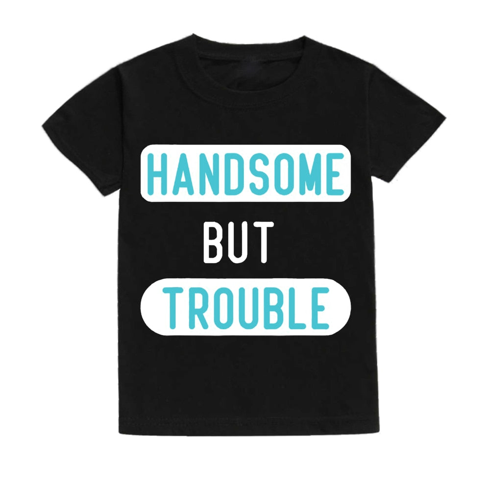Handsome But Trouble Kids T-Shirt - Toddler Boy Clothes, Funny Child Short Sleeve Gift Tee.