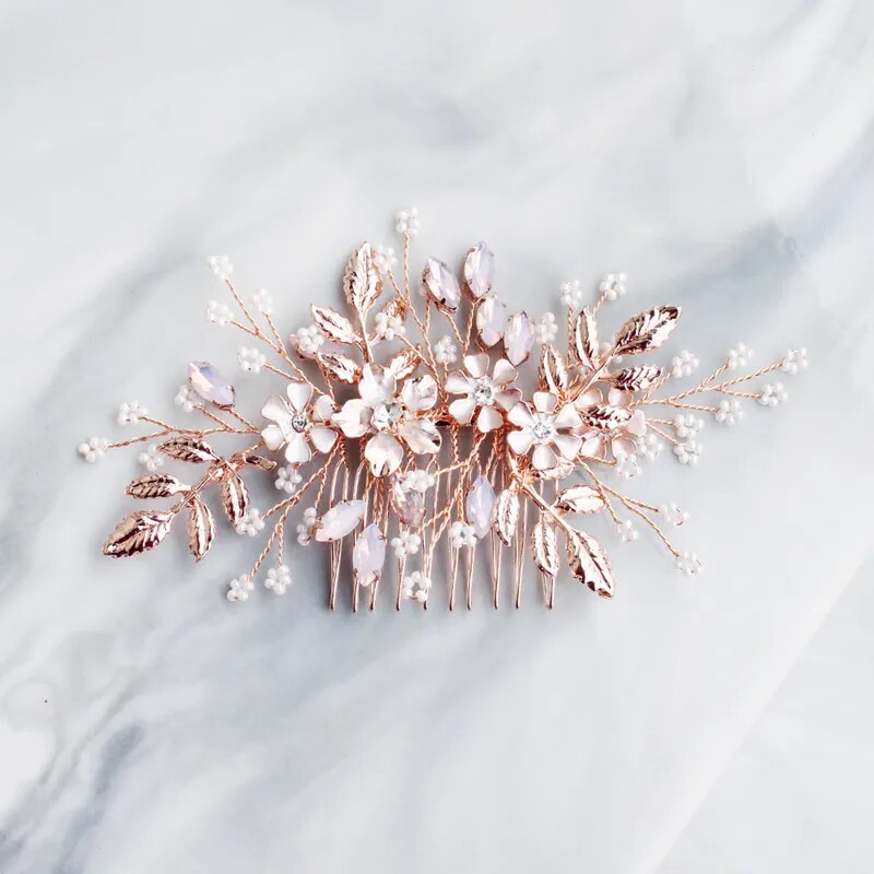 Rose Gold Crystal Pearl Flower Leaf Hair Comb & Hairpin for Brides