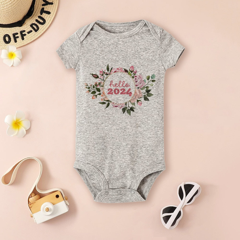 Hello 2024 Baby Bodysuit - New Year Infant Romper, Short Sleeve, Newborn Gift, Shower Present.