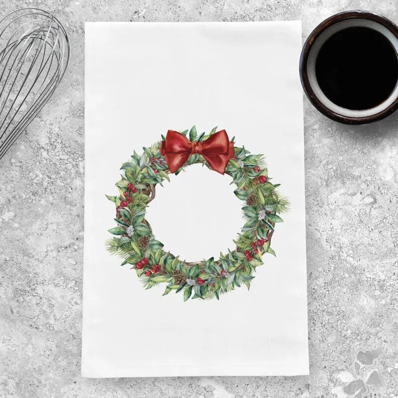 Personalized Christmas Wreath Tea Towel: 57x40cm, Kitchen Decor, Xmas Dinner Table