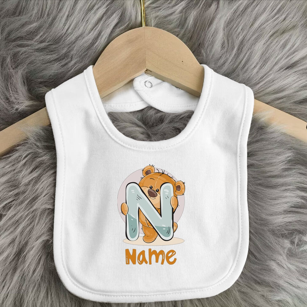 Personalized Baby Bib with Initial & Name - Cute Bear Print
