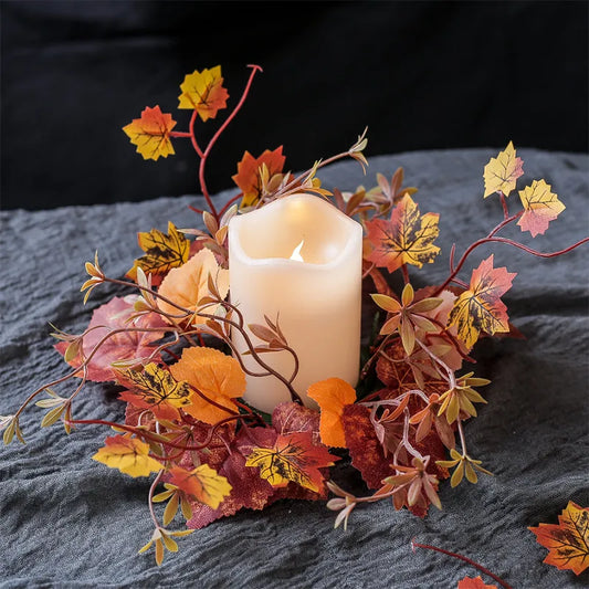 Fall Candle Holder with Maple Leaf - Autumn Wreath Candlestick for Wedding & Thanksgiving Table Decor.