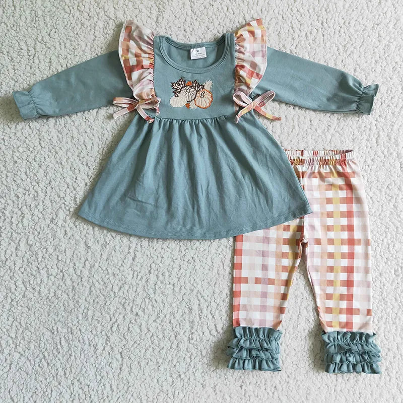 Pumpkin Embroidery Toddler Set - Ruffle Sleeve Cotton Top & Plaid Pants for Thanksgiving.